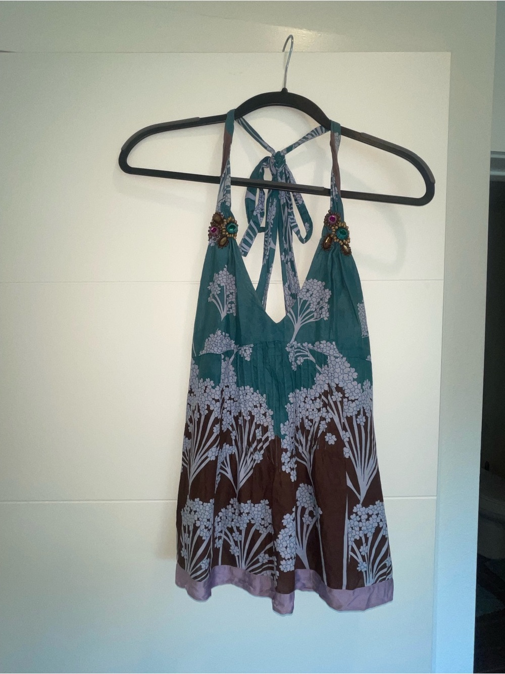 Rebecca Taylor 100% Cotton Floral Halter Top Embellished Straps Boho